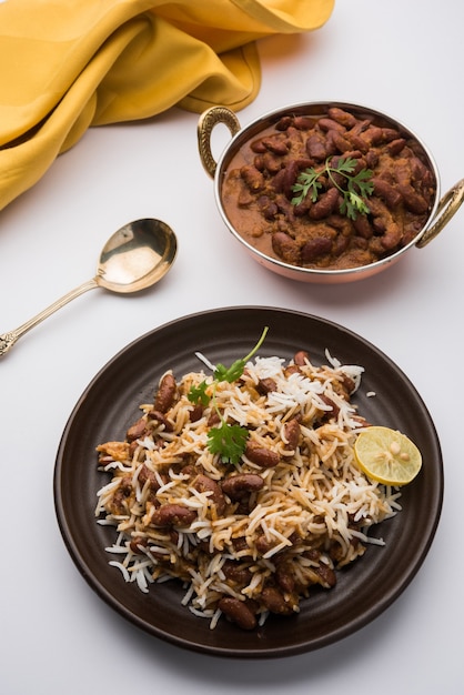 Kidney bean curry or rajma rice or rajmah chawal and roti, typical north indian main course, selective focus