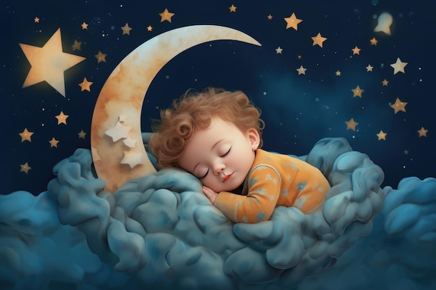 Детская 3d иллюстрация с луной и спящим ребенком Красивый плакат для детской комнаты или спальни Детская поздравительная открытка
