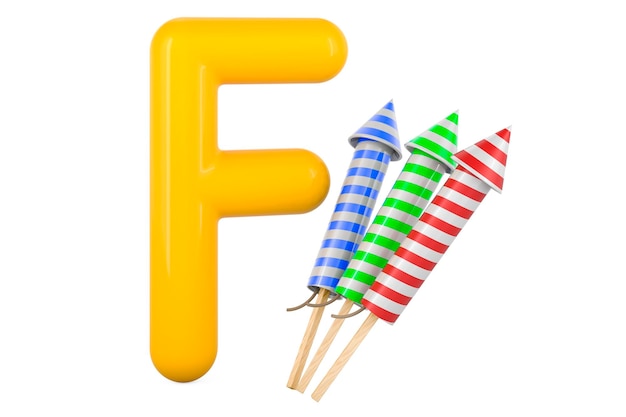 Kids ABC Letter F with fireworks 3D rendering