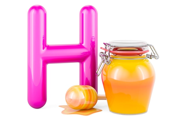 Kids ABC Letter H with glass jar of honey 3D rendering