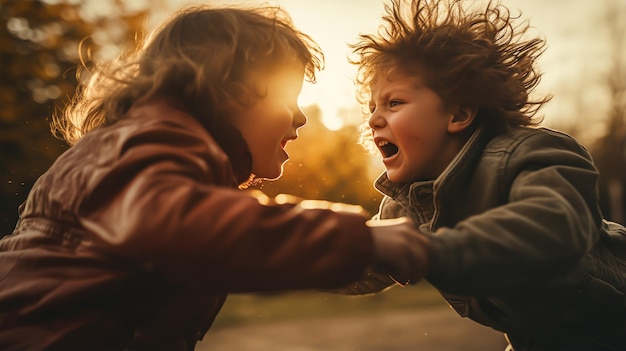 Foto i bambini stanno combattendo insieme.