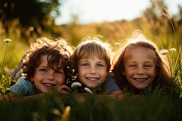 I bambini stanno sdraiati in un'area erbosa in estate