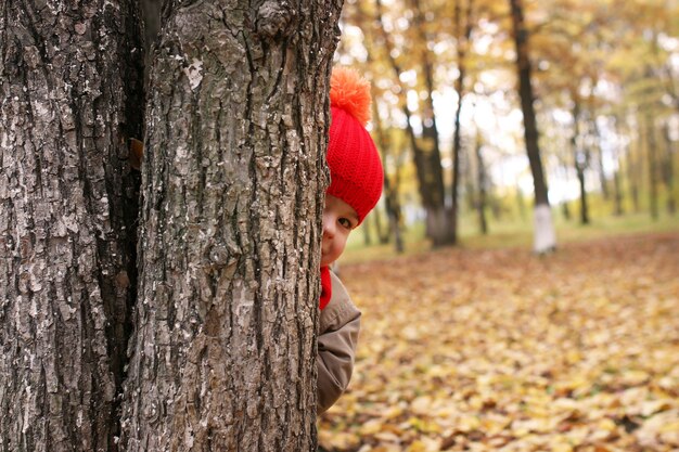 Kids in autumn park with pumpkin around fall leaves