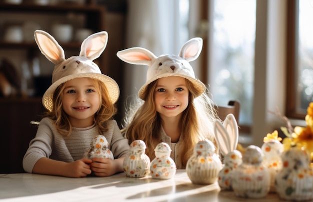 kids and baby with bunny ears are playing with easter eggs at the dining table