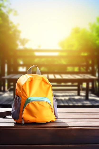 kids backpack on wooden table