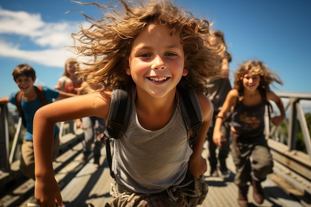 Photo kids balancing on a wobbly bridge generative ai