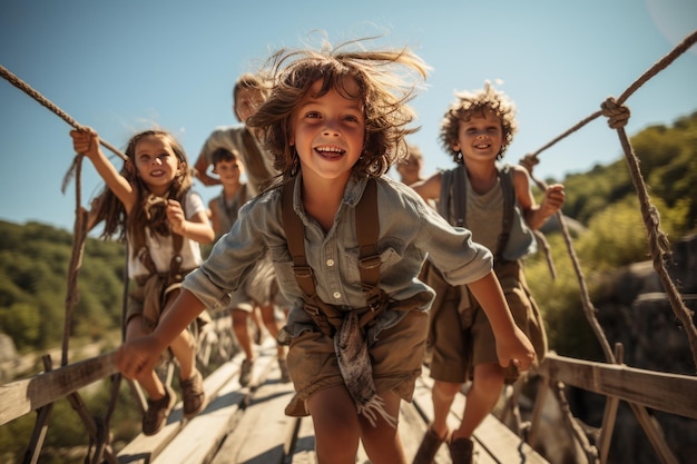 Photo kids balancing on a wobbly bridge generative ai