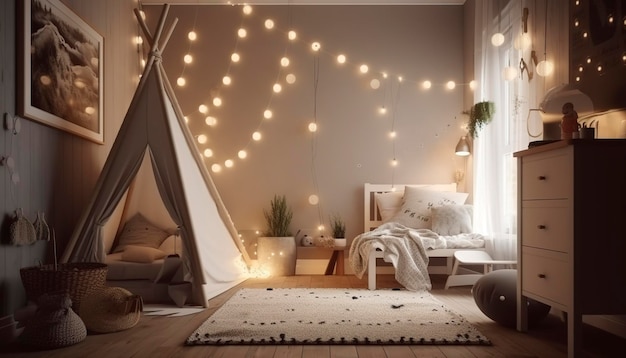 어두운 색상의 어린이 침실 밝은 화환과 부드러운 베개 텐트 캐노피 침대가 있는 아늑한 어린이 방 내부 스칸디나비아 북유럽 디자인 AI 생성 이미지에 조명이 있는 저녁의 어린이 방