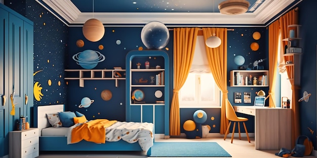 The kids bedroom decorated in a style of space