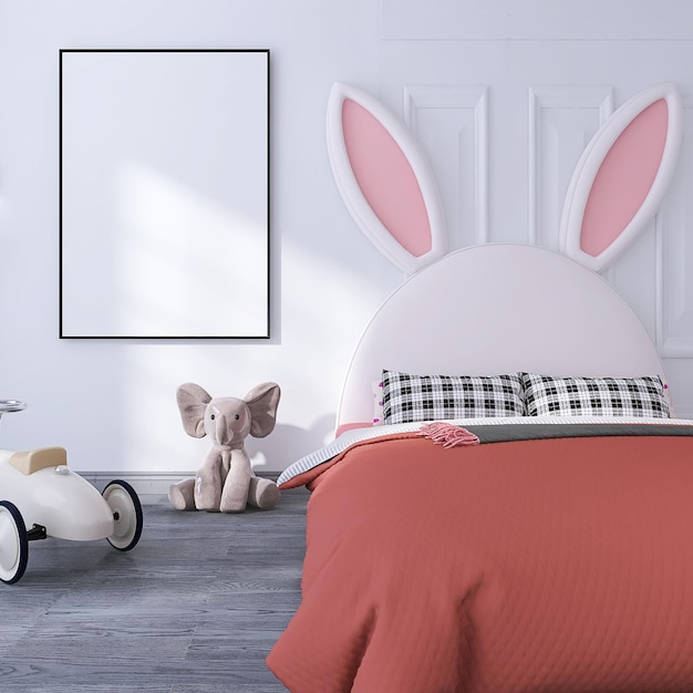 Kids bedroom interior design with blank photo frame mockup toys kids bed white background