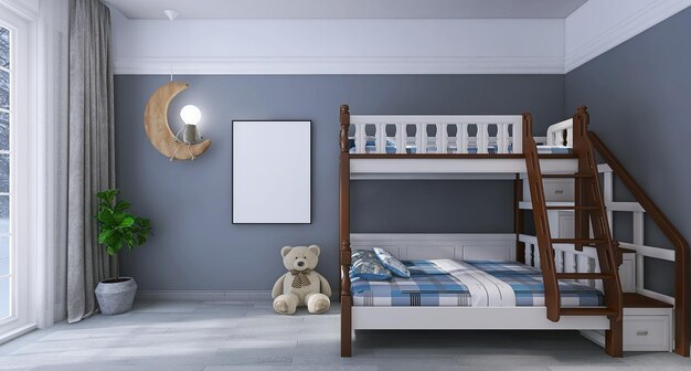 Photo kids bedroom interior design with photo frame mockup bunk bed teddy bear moon light