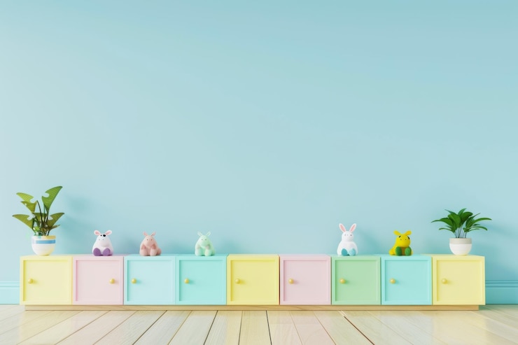 Photo kids bedroom interior with toys colorful cabinets blank wall mockup for daycare and kindergarten