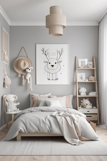 Kids bedroom mock up interior Scandinavian style