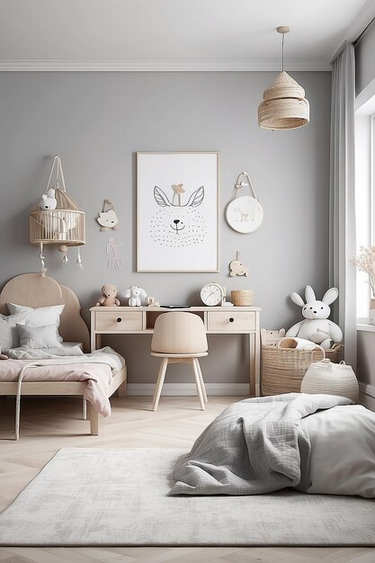 Kids bedroom mock up interior Scandinavian style