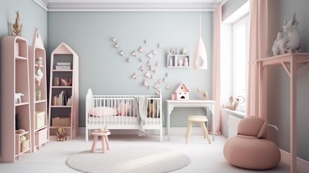 Kids bedroom mock up interior Scandinavian style