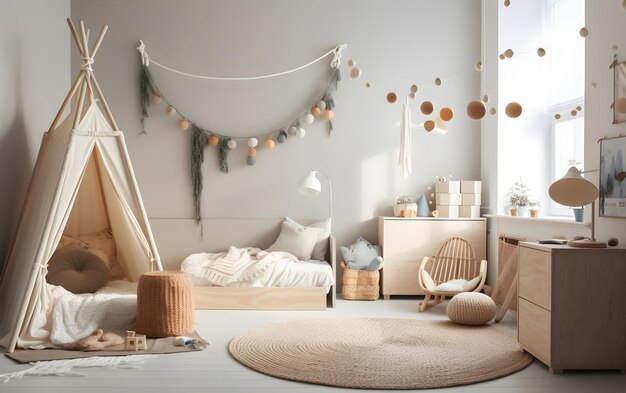 Kids' bedroom with a Scandinavian Nordic design Generative AI