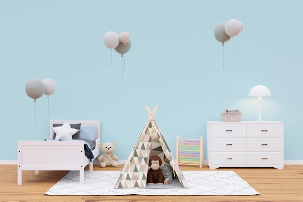 Kids bedroom with stuffed toy animals and play teepee 3d rendered illustration