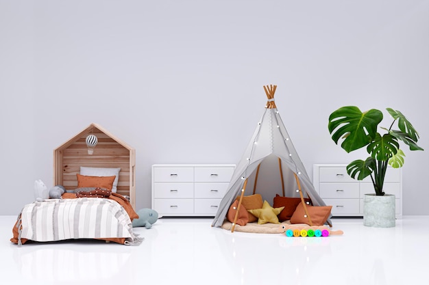 Kids bedroom with stuffed toy animals and play teepee 3d rendered illustration