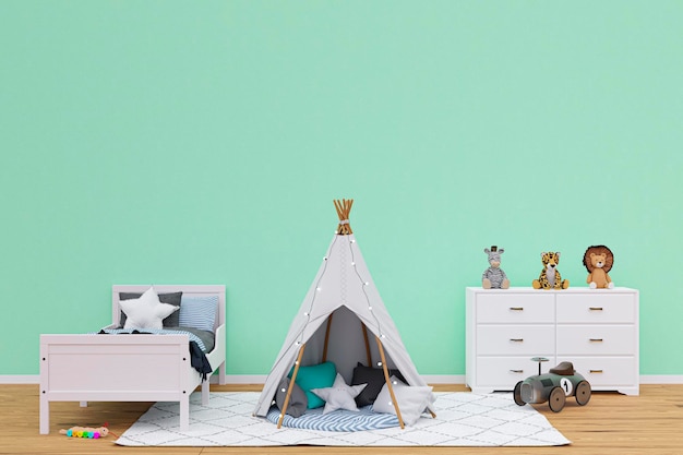 Kids bedroom with stuffed toy animals and play teepee 3d rendered illustration