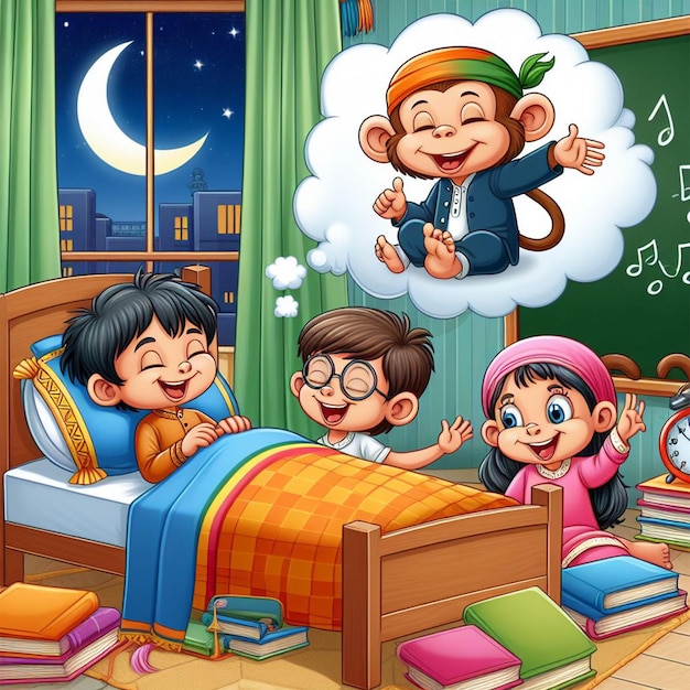 Kids bedtime story dreaming with animals Cartoon illustration for school story book ai images