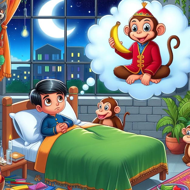 Kids bedtime story dreaming with animals Cartoon illustration for school story book ai images