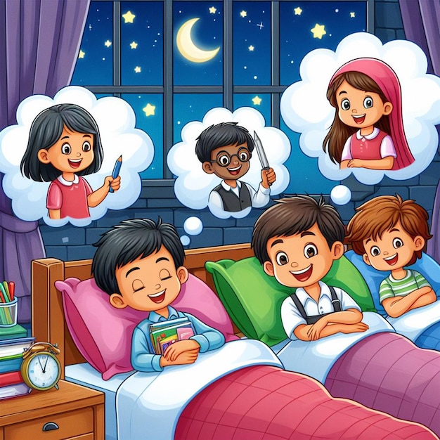 Kids bedtime story dreaming with animals Cartoon illustration for school story book ai images