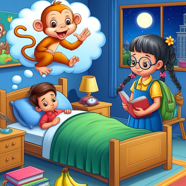 Kids bedtime story dreaming with animals Cartoon illustration for school story book ai images