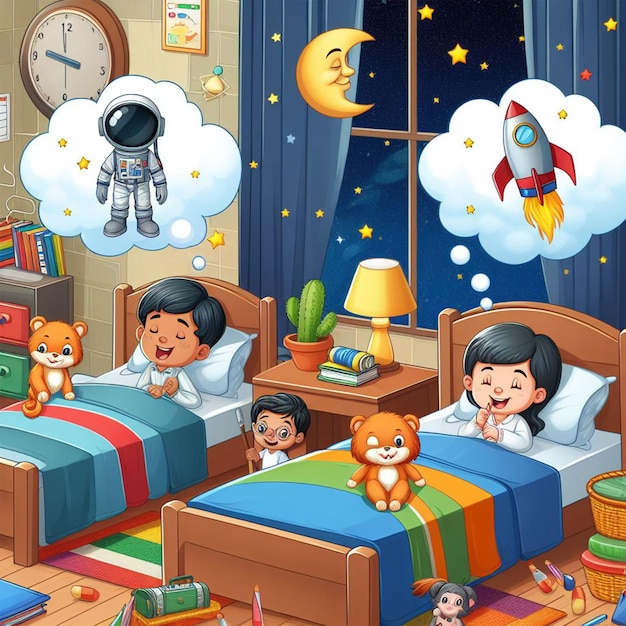 Kids bedtime story dreaming with animals Cartoon illustration for school story book ai images