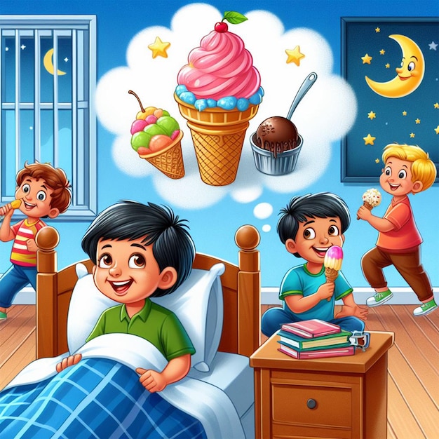 Kids bedtime story dreaming with animals Cartoon illustration for school story book ai images