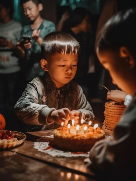 아이들의 생일파티: 아이가 케이크에 불을 불어넣고 선물을 열고 파스텔 무지개 테마를 축하합니다.