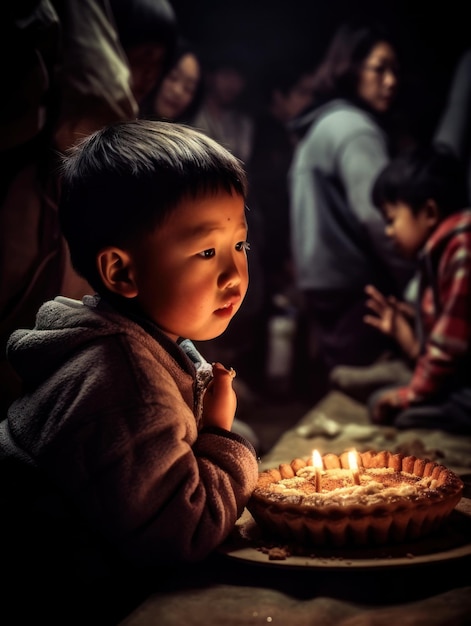 子供の誕生日パーティー ケーキにろうそくを吹いてプレゼントを開ける パステル色の虹のテーマで祝う