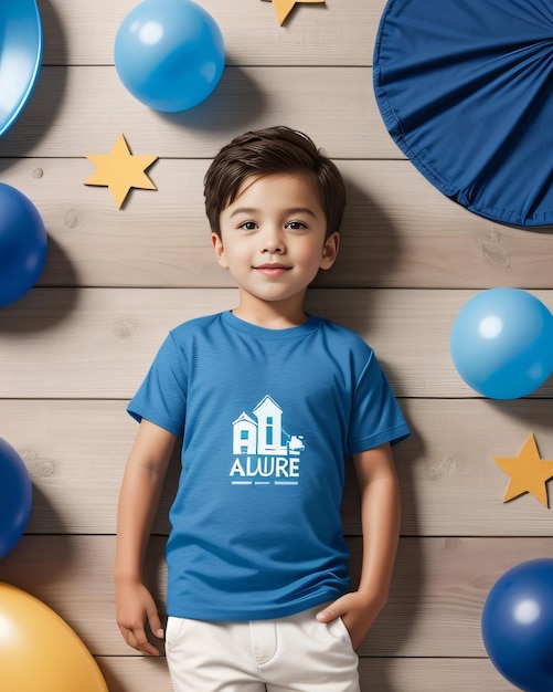 Photo kids blue plain tshirt design mockup