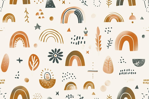 Kids boho seamless pattern Pastel colors gender neutral Applicable for fabric print textile wrapping paper wallpaper Cute baby texture repeatable bohemian style Nordic design Generative AI