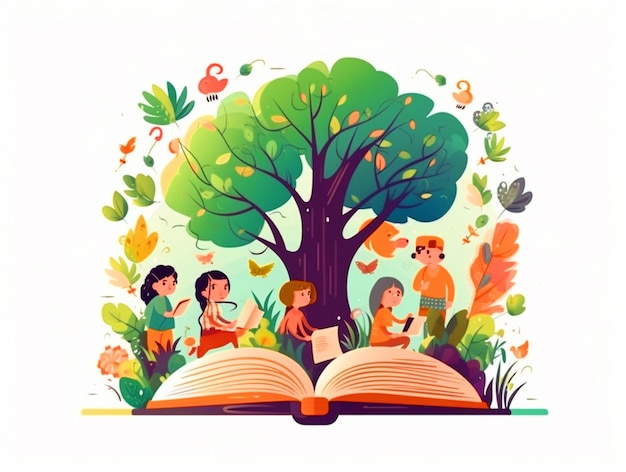 Foto illustrazione di un libro per bambini con alberi e un libro