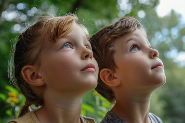 男の子と女の子が見上げている