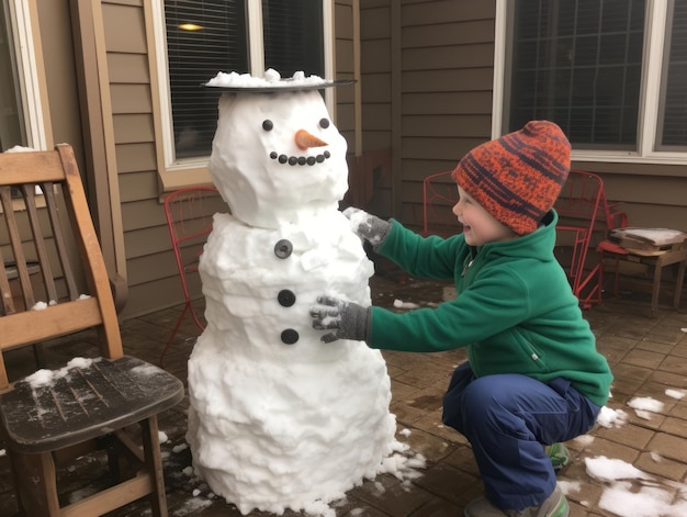 写真 子供たちが冬の日にスノーマンを作っている