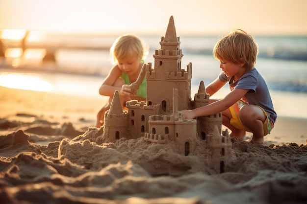 Kids building sandcastles on the beach