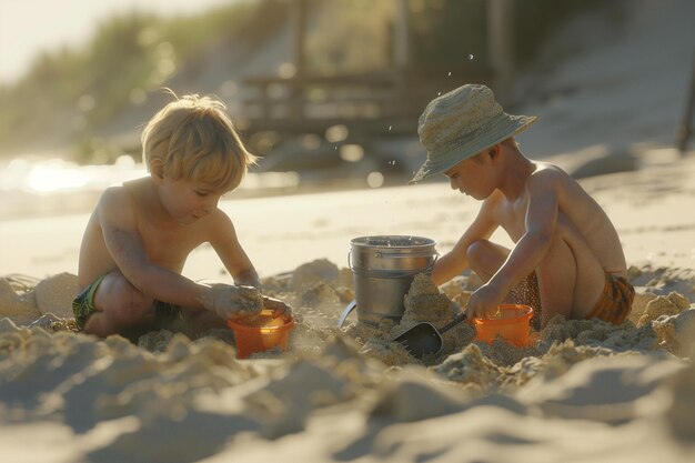 Bambini che costruiscono castelli di sabbia e scavano fossati con b