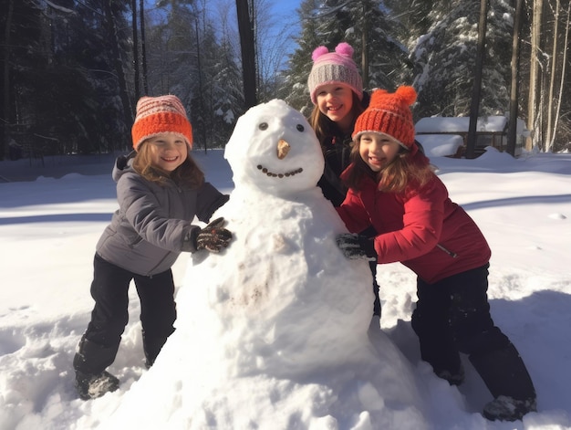 Kids building a snowman in winter day