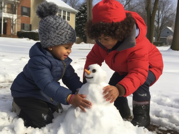 Kids building a snowman in winter day