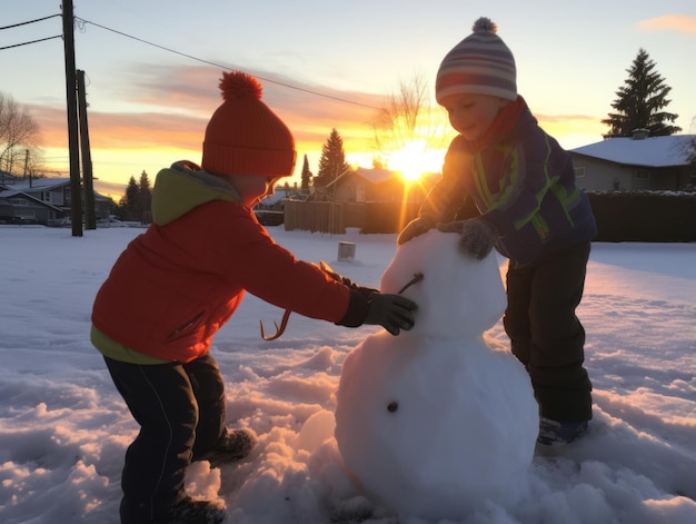 Kids building a snowman in winter day