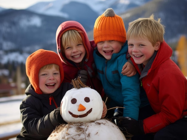 Kids building a snowman in winter day