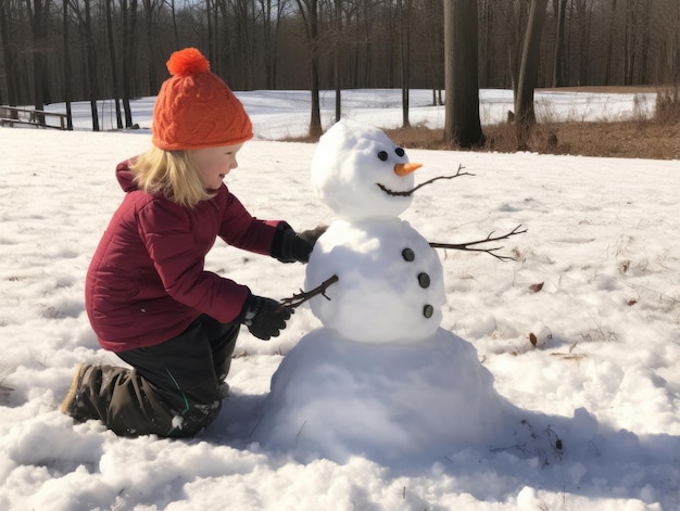 Kids building a snowman in winter day