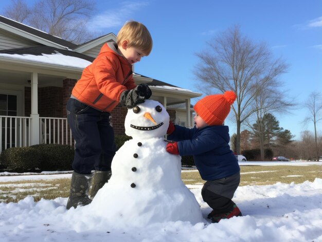 Photo kids building a snowman in winter day