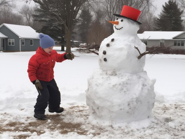 Photo kids building a snowman in winter day