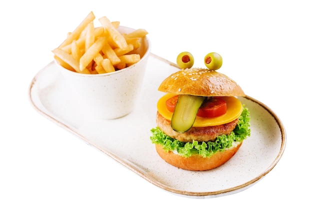 Kids burger and french fries on white background