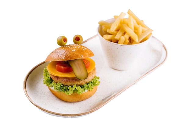 Kids burger and french fries on white background