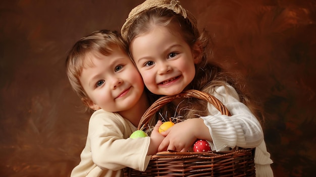 Kids carry baskets with Easter eggs from the festival