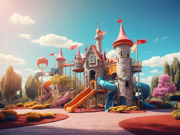 Foto parco giochi per bambini del castello in un giorno di sole ai park giardino