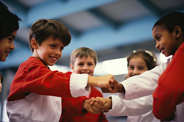 Kids celebrating or shaking hands with opponents in a show of sportsmanship